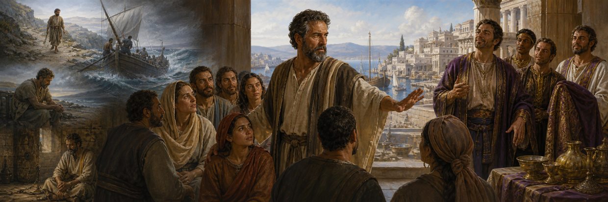 A weathered apostle protecting attentive believers from ornate false teachers beside scenes of perilous travel